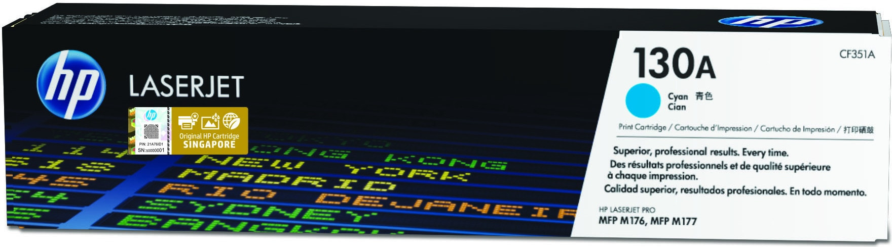 Boîte de cartouche de toner cyan HP LaserJet 130A, avec un design bleu et blanc.