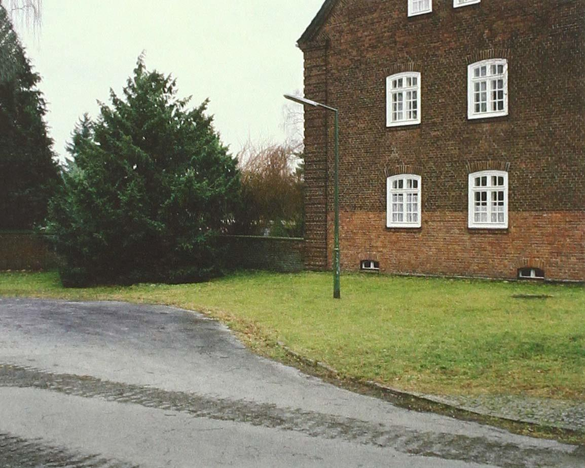 Maison avec façade en briques, pelouse verte, route et un grand arbre. Journée nuageuse.