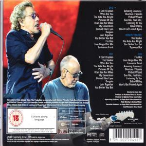 Rückseite einer The Who DVD. Zwei Männer auf der Bühne. Text und Bandmitgliederliste sichtbar.