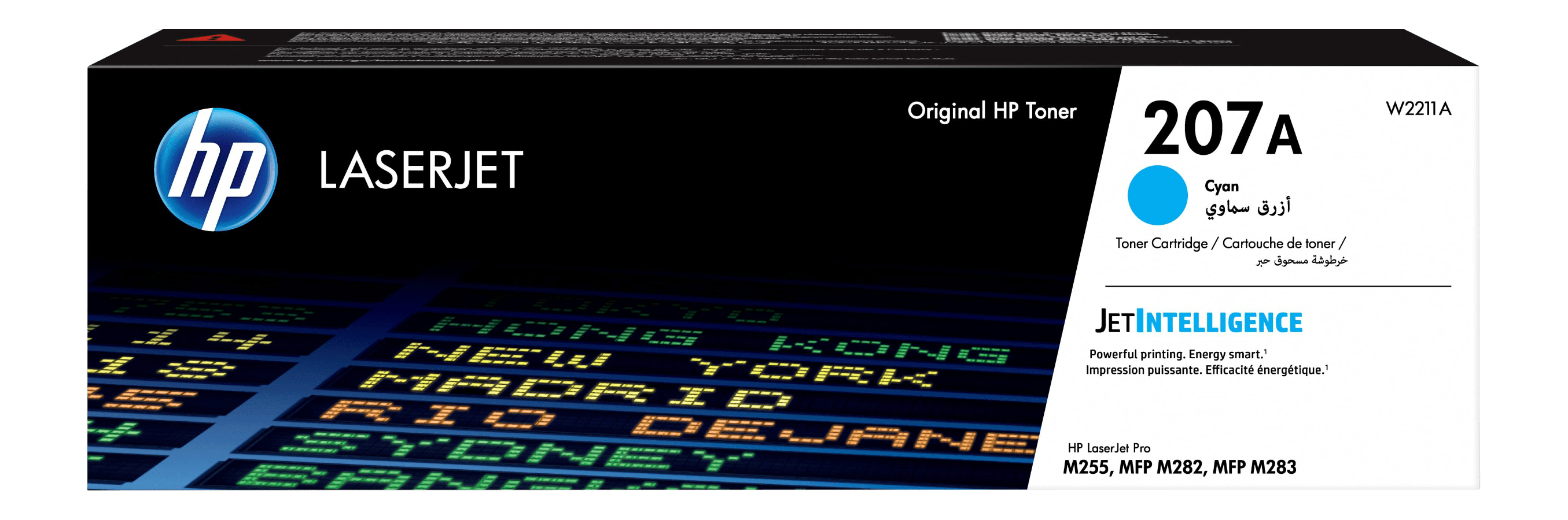 Boîte de cartouche de toner HP Laserjet. Elle montre la couleur cyan avec le numéro 207A.
