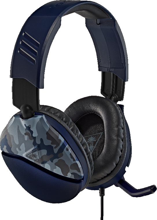 Blau-graues Gaming-Headset. Es hat ein Mikrofon und ein Camouflage-Muster auf den Ohrmuscheln.