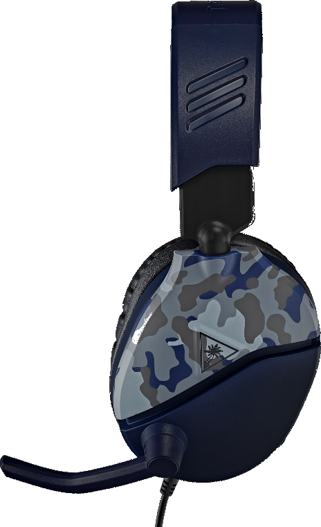 Ein dunkelblaues und Tarnmuster-Headset mit Mikrofon, vor schwarzem Hintergrund.