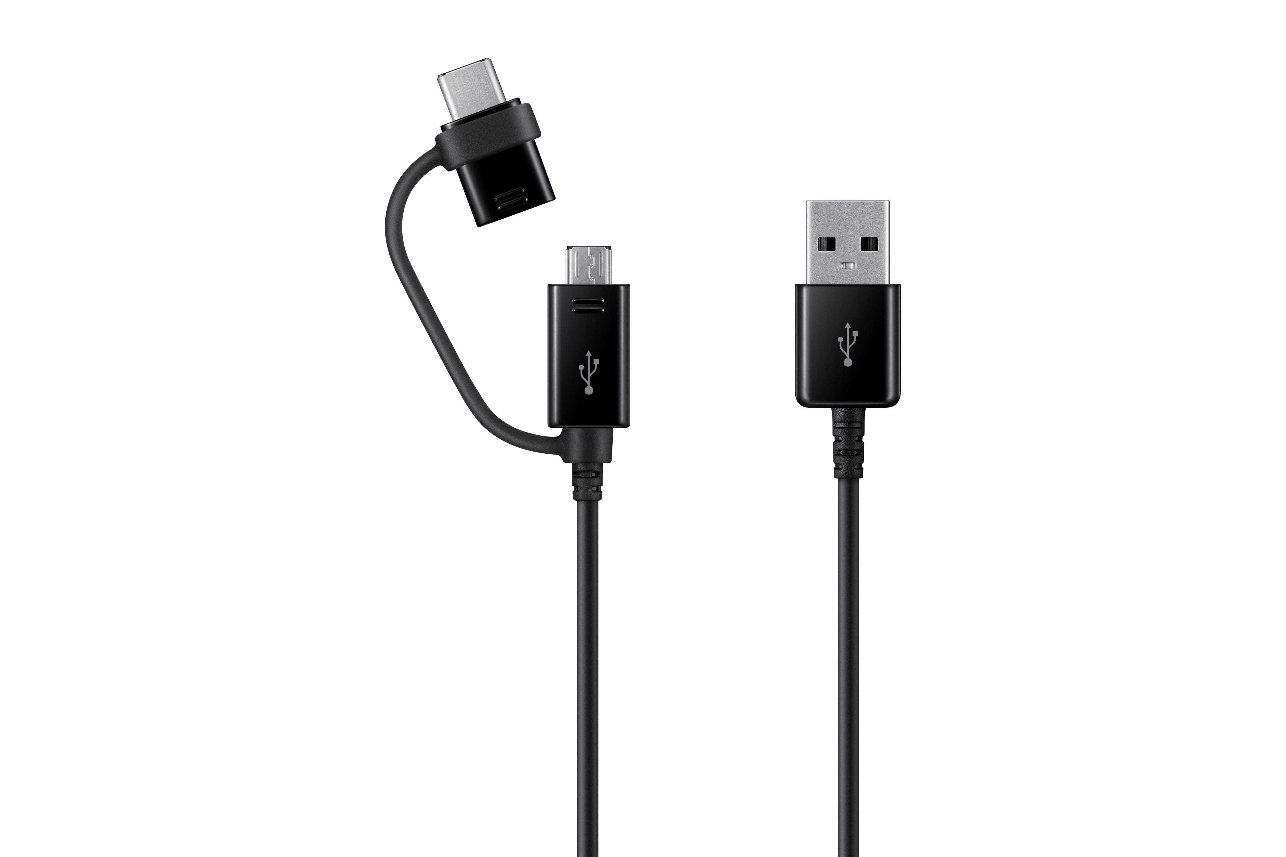 Ein schwarzes USB-Kabel mit drei Anschlüssen: USB-A, Micro-USB und USB-C, auf weißem Hintergrund.