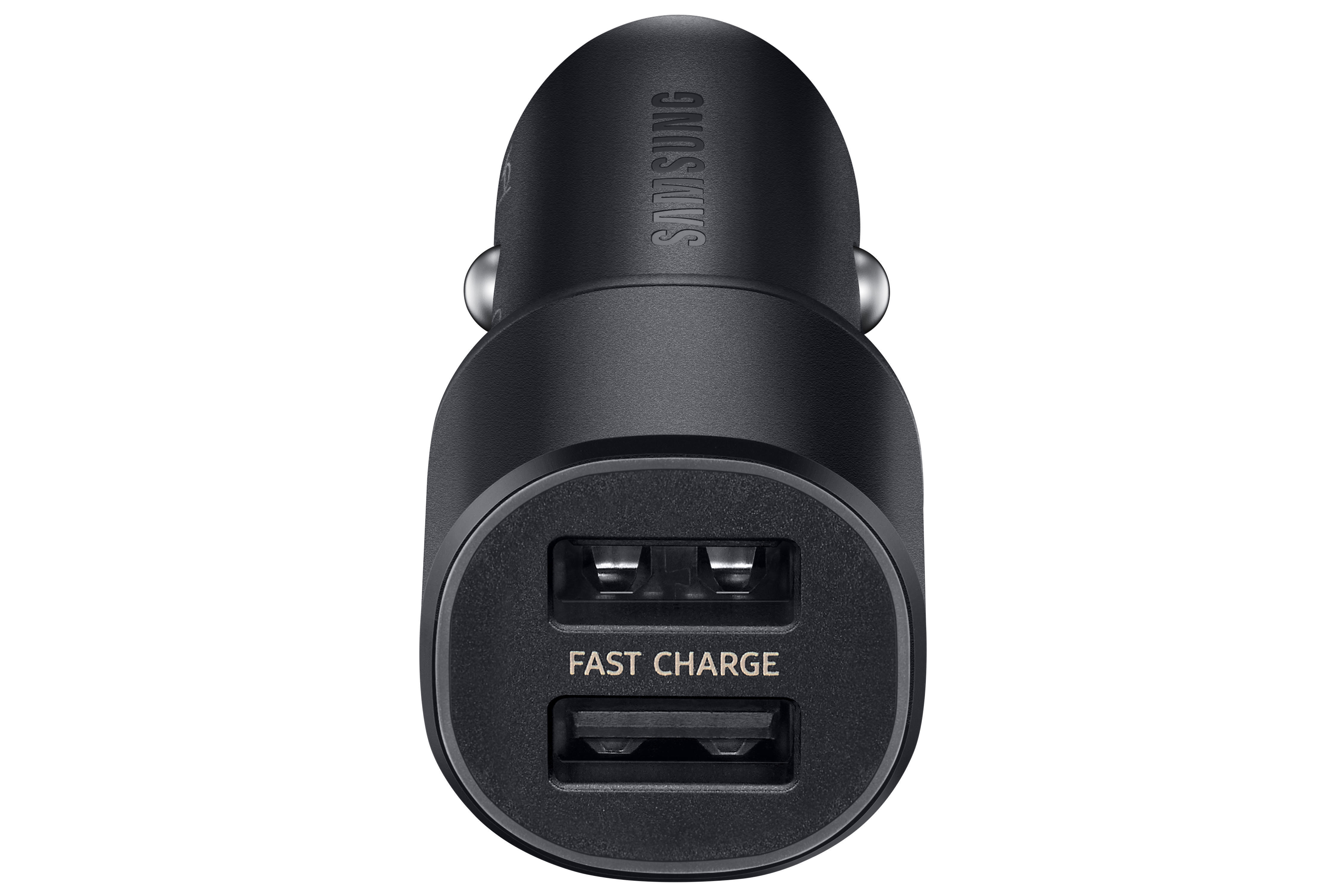 Schwarzes Samsung-Autoladegerät mit zwei USB-Anschlüssen. Text 'FAST CHARGE' unter den Anschlüssen.