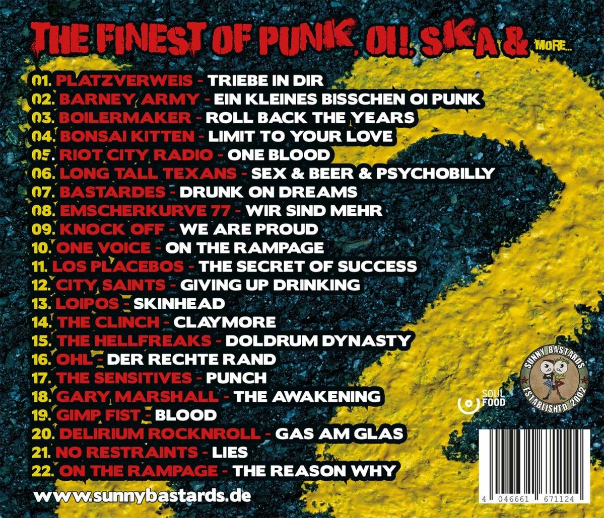 Albumcover mit einer Liste von Punk-Songs. Gelb-schwarzer Hintergrund. Text auf Deutsch.