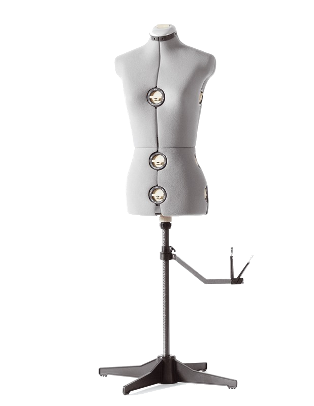 Eine graue Schneiderpuppe auf einem schwarzen Ständer, mit verstellbaren Funktionen.
