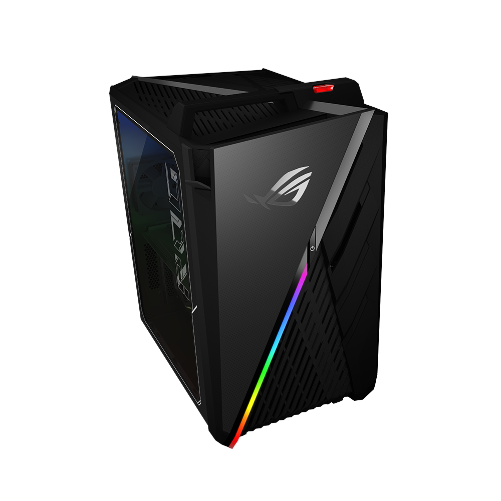Schwarzer Gaming-PC-Tower mit RGB-Beleuchtung, Glas-Seitenwand.