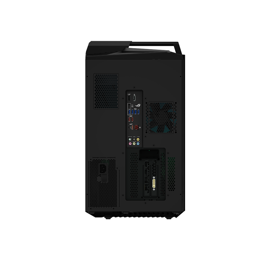 Rückseite eines schwarzen Desktop-Computers mit verschiedenen Anschlüssen und dem ROG-Logo.