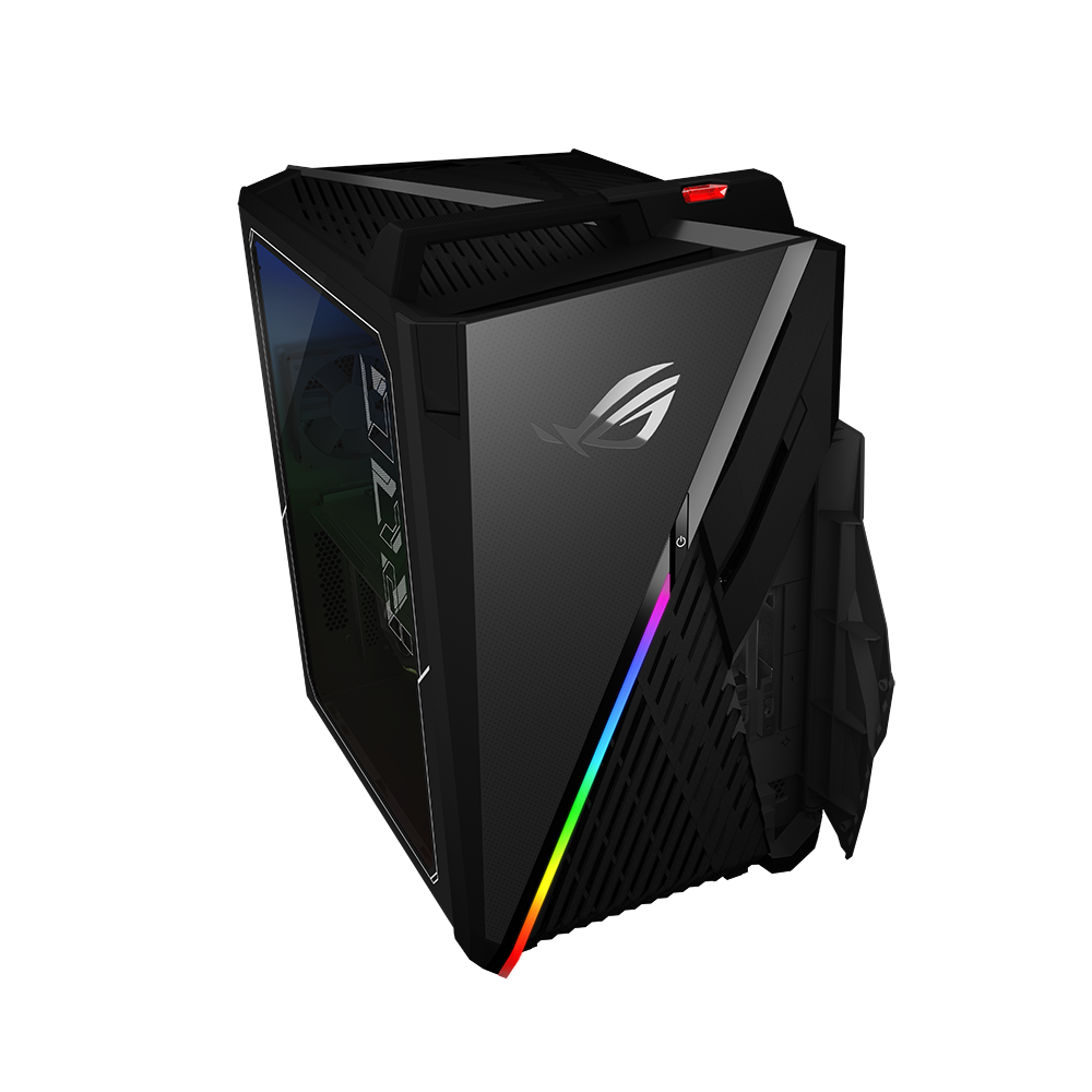 Schwarzes Gaming-PC-Gehäuse mit RGB-Beleuchtung. Das Gehäuse hat eine Glas-Seitenwand. Der Hintergrund ist schwarz.