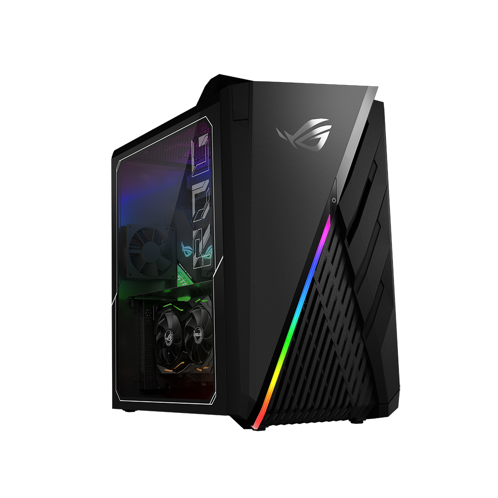Schwarzer Gaming-PC mit RGB-Beleuchtung, Seitenansicht. Der Hintergrund ist schwarz.