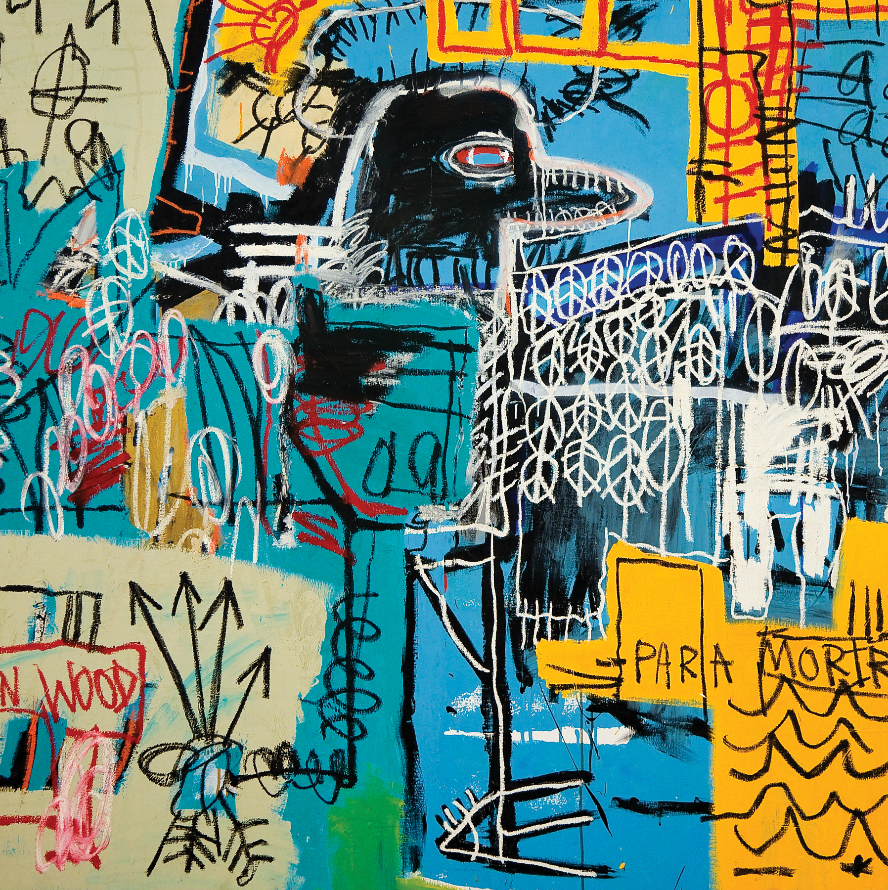 Ein abstraktes Gemälde mit einer schwarzen Figur, kräftigen Farben und graffitiartigem Text.