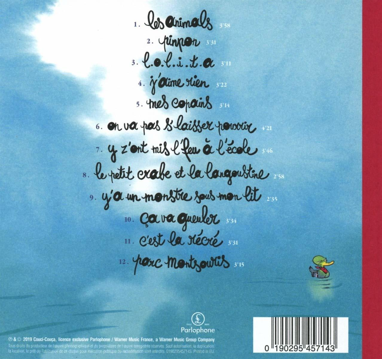 Achterkant van een cd-hoesje met handgeschreven songtitels. Eenden tekening rechtsonder.