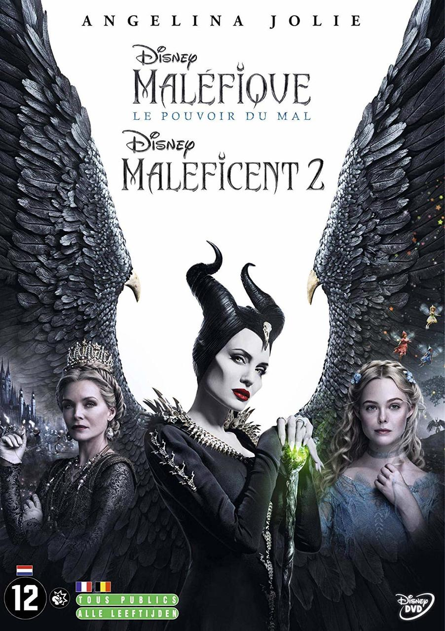 Movie cover for Maleficent 2 with Angelina Jolie. Wings frame the image.