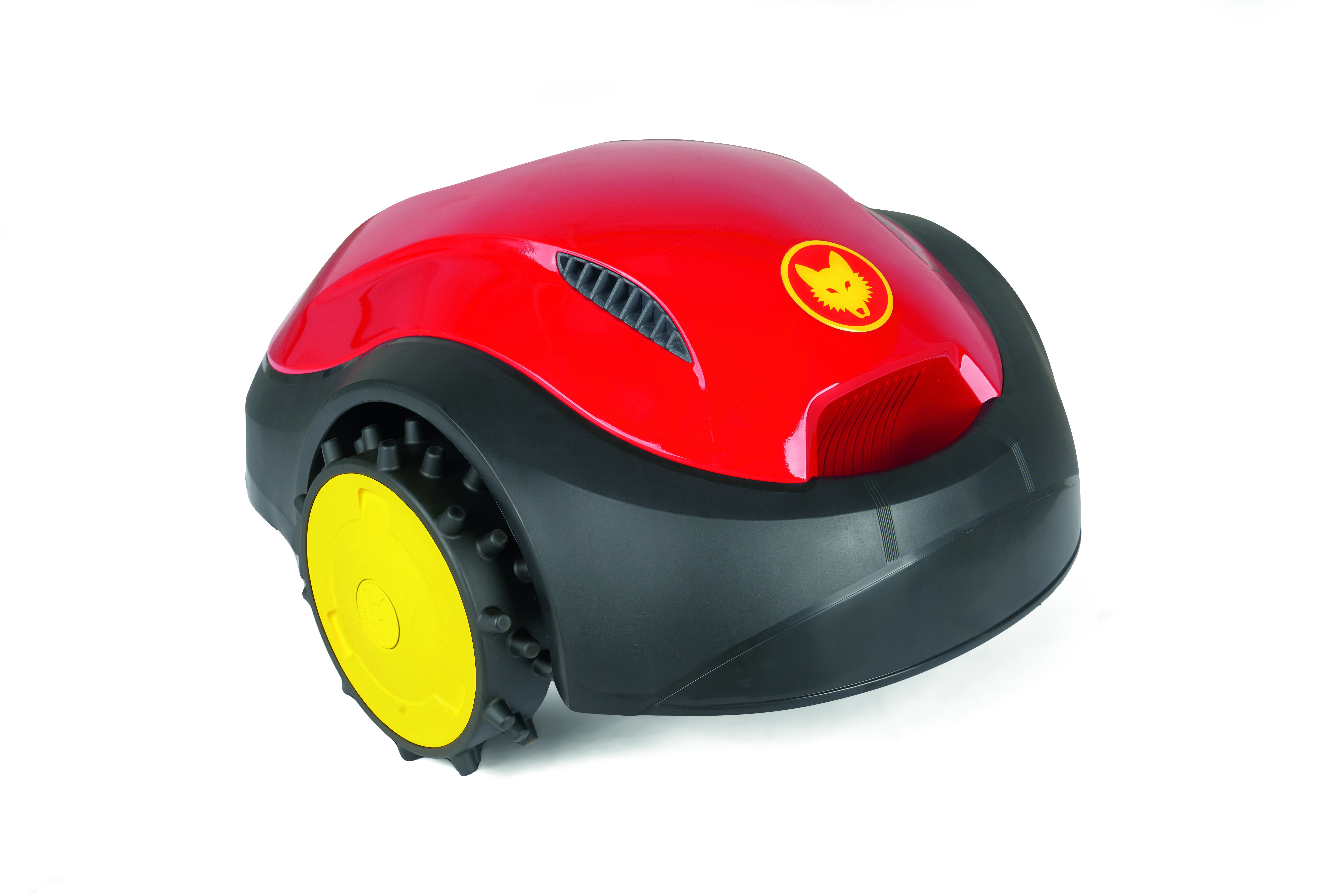 Roter und schwarzer Roboterrasenmäher mit gelbem Rad. Das Logo ist oben.