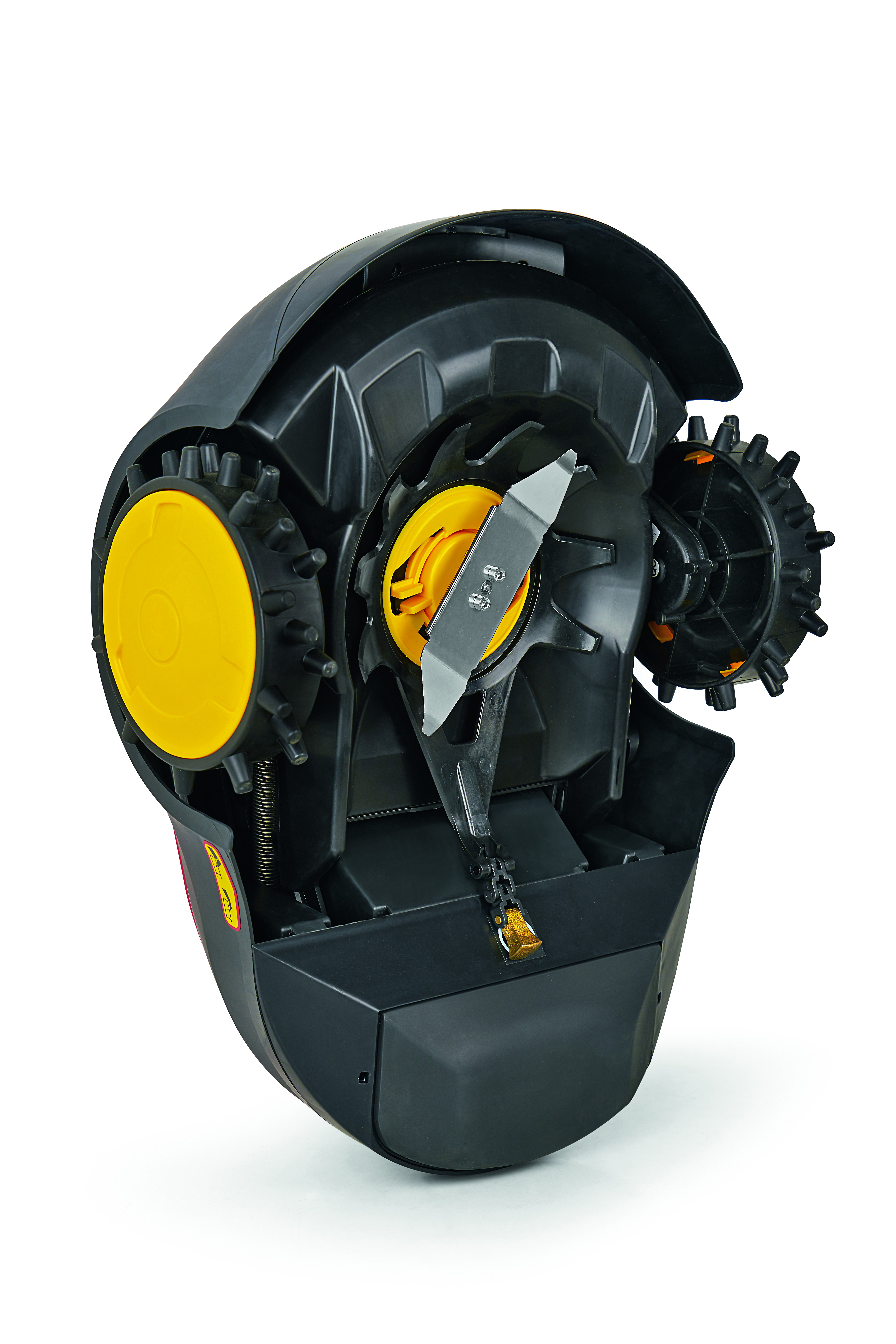 Robot-Rasenmäher, schwarz und gelb, Schnittansicht.