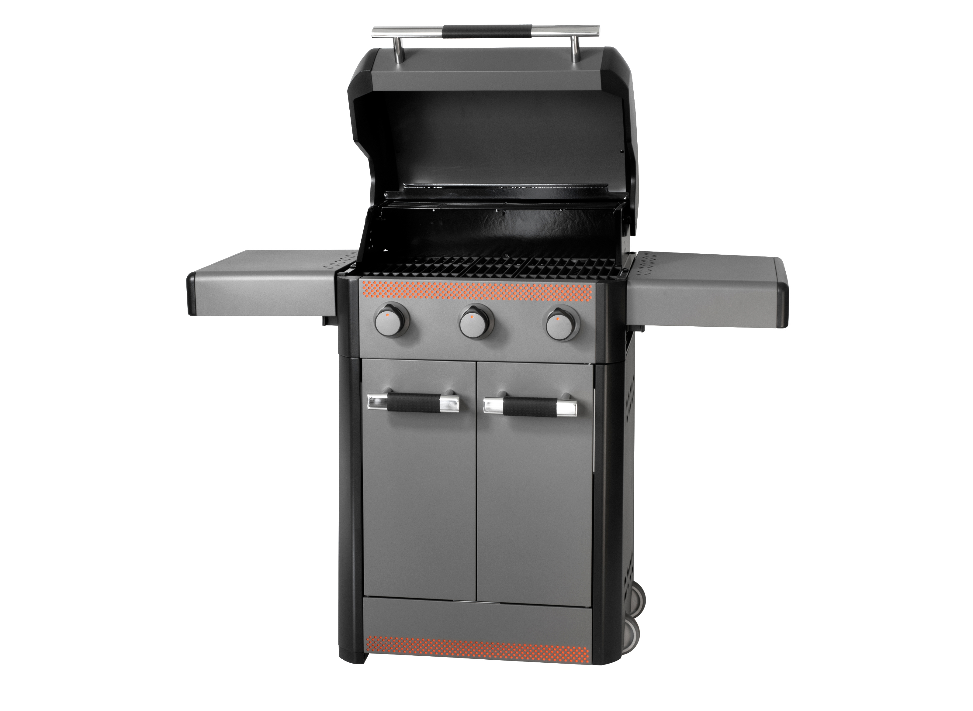 Ein grauer und schwarzer Gasgrill mit Edelstahlgriff und zwei Seitentischen.