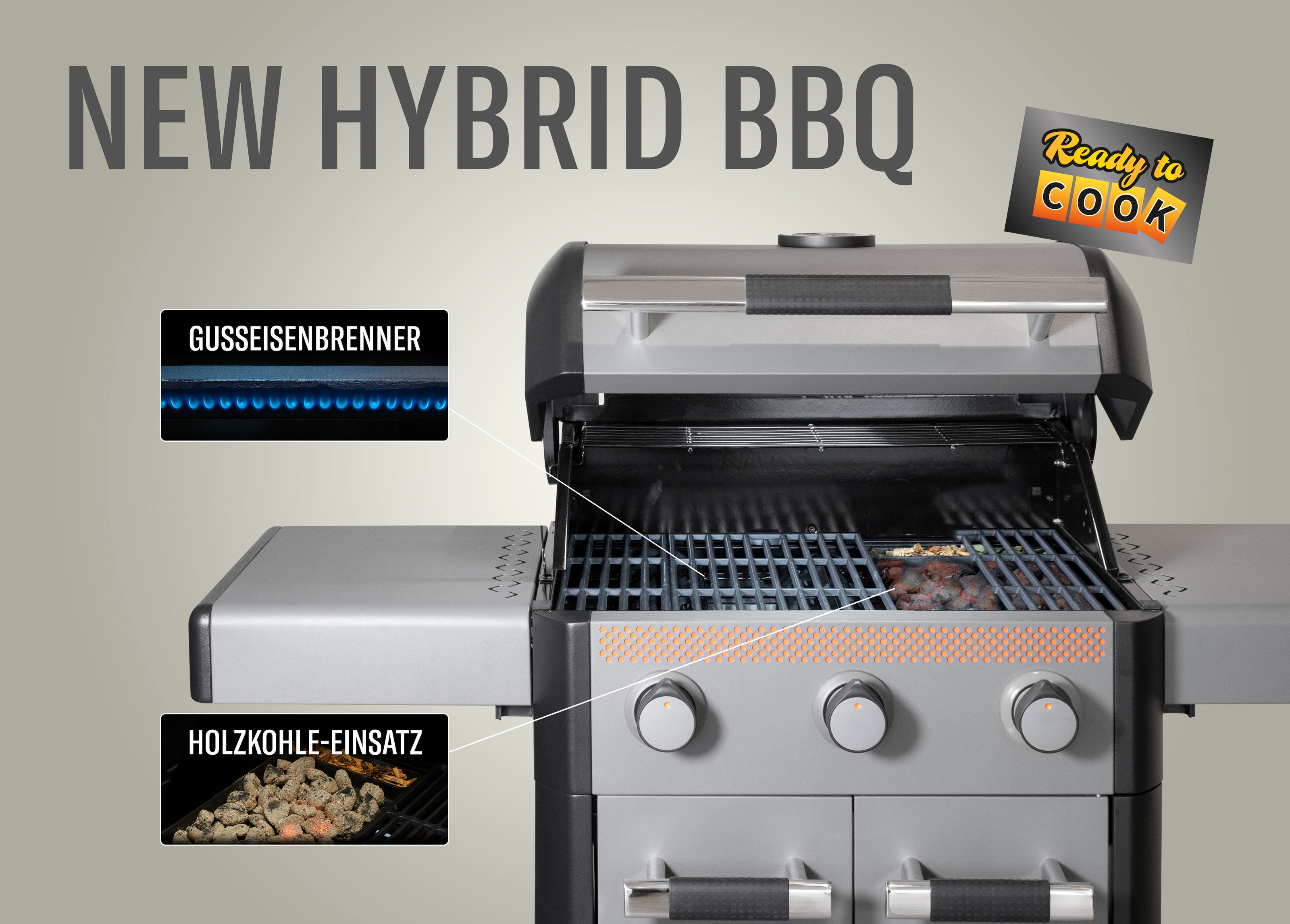 Ein neuer Hybrid-BBQ-Grill mit Textbeschriftungen.