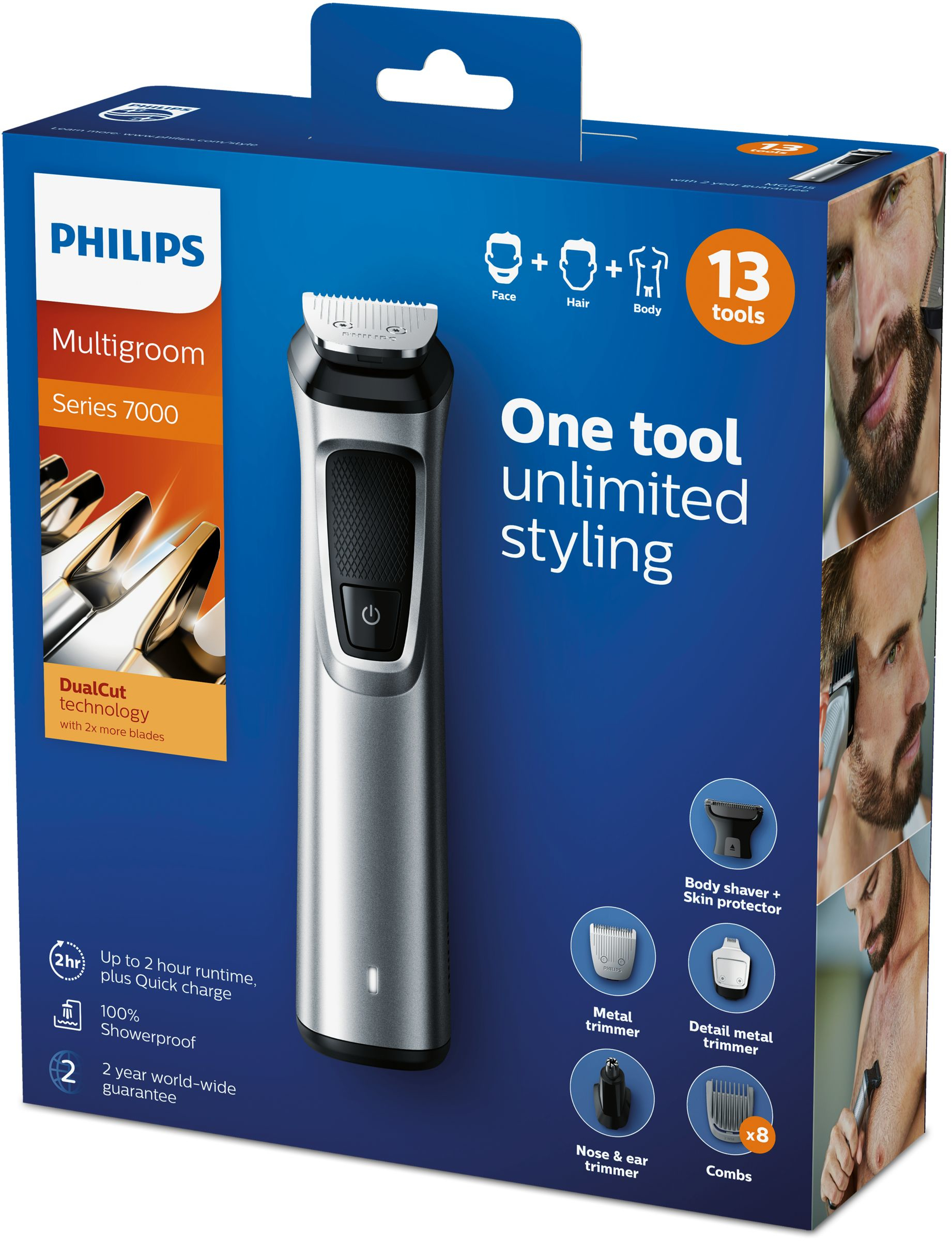 Kutulu gümüş ve siyah Philips Multigroom Serisi 7000, aksesuarlar ve metinle.
