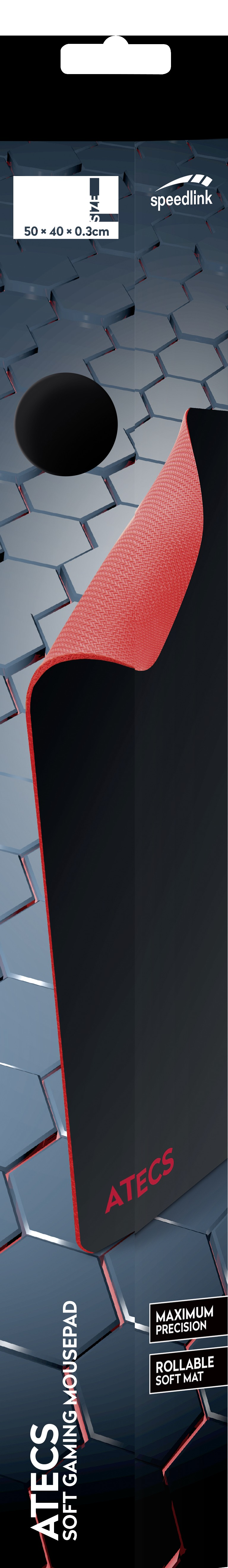 Tappetino per mouse lungo. Nero con una striscia rossa, con la parola ATECS in rosso.