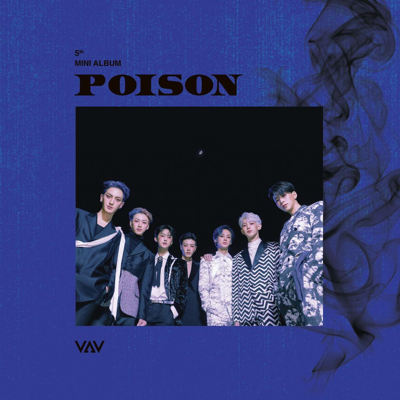 A VAV 'POISON' albumának borítója. Hat zenekari tag egy kék és fekete háttér előtt áll.