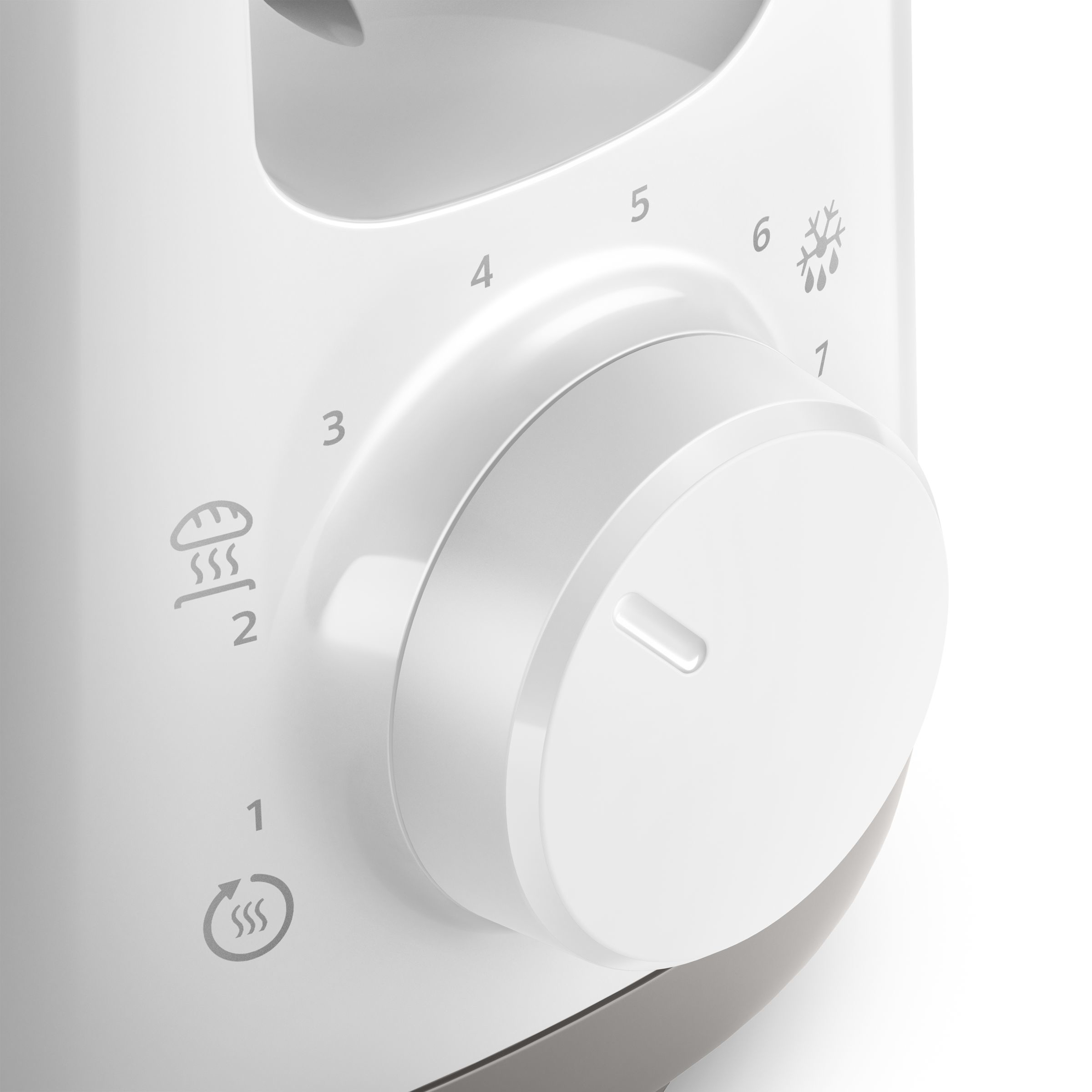 Close-up of a white toaster with a dial for setting toast levels.