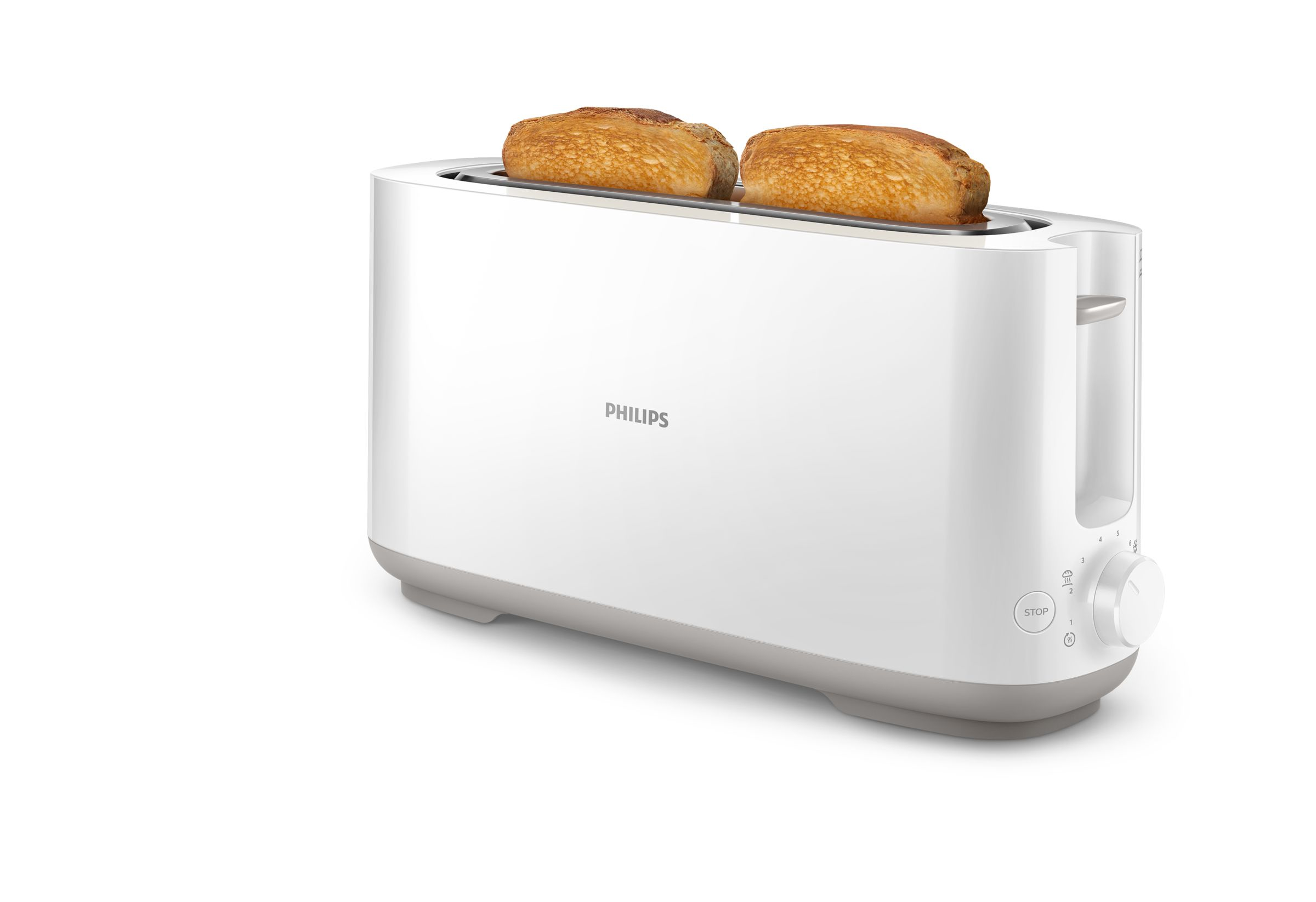 White toaster with two toasted bread slices, on a white surface, Philips branding visible.