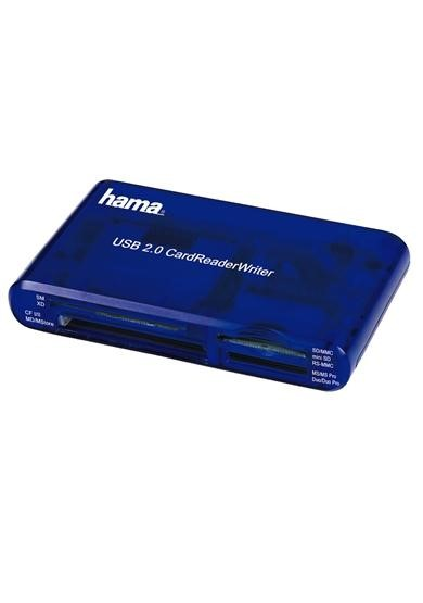 Blue USB 2.0 CardReaderWriter on white background. Contains various card slots and the brand name.
