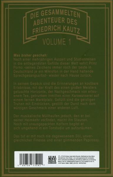 Rückseite eines grünen Buches mit Text. Es ist ein Geschichtenbuch, mit einem weißen Barcode.