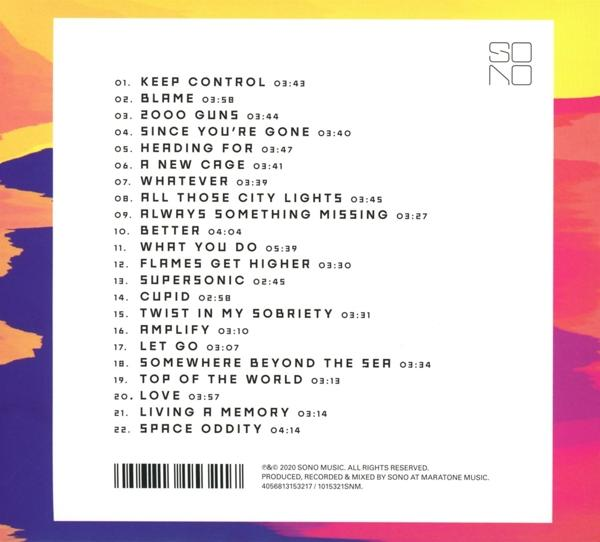 SONO Albumcover mit Titelliste auf farbenfrohem Hintergrund. Enthält einen Barcode und das Logo des Labels.