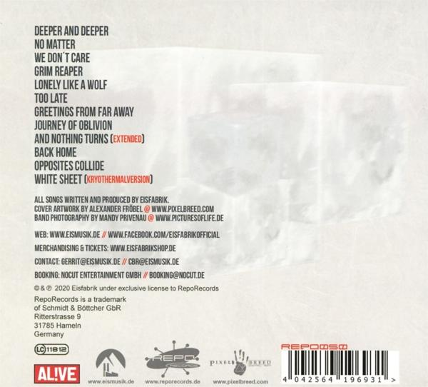 CD-Cover mit Trackliste, weißem Hintergrund und unscharfem Eiswürfelbild.