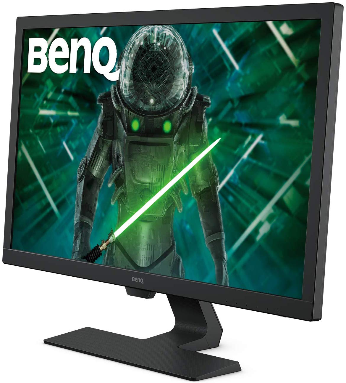 Monitor BenQ mostrando un astronauta con un sable de luz sobre fondo verde.