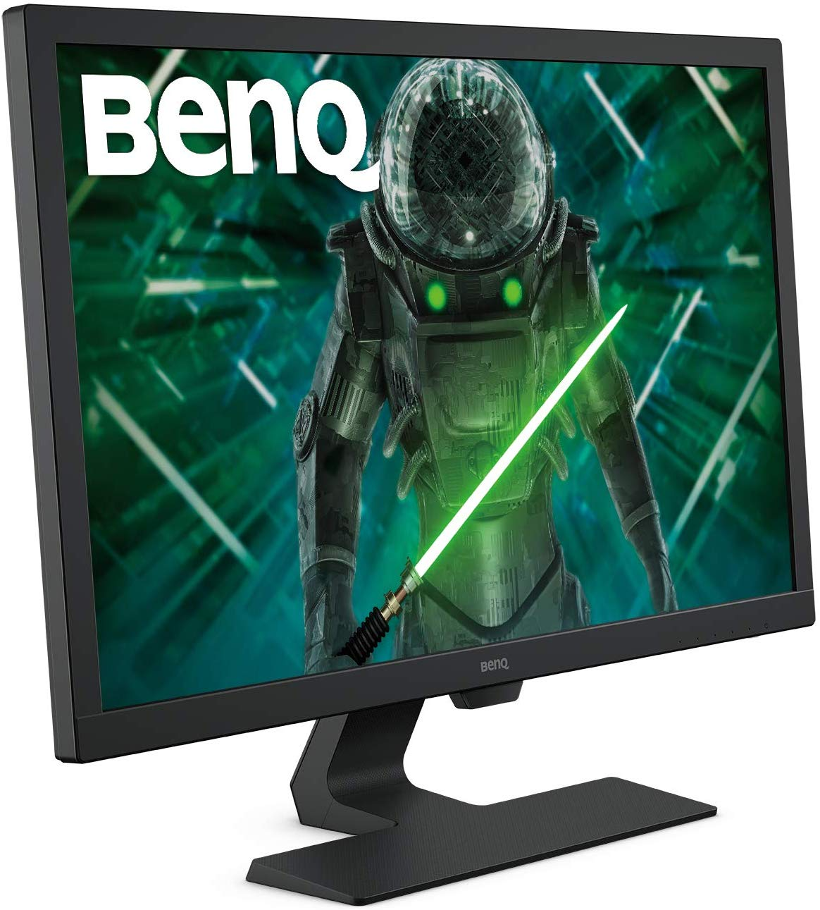 Un monitor negro con una escena futurista en la pantalla, un hombre con un sable de luz verde.