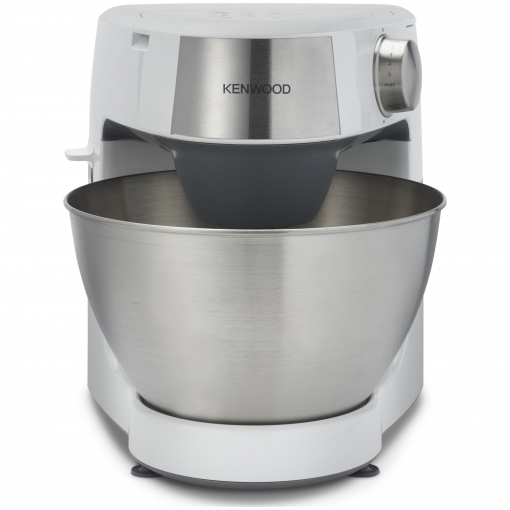 Weißer Kenwood Küchenmixer, Edelstahlschüssel, Nahaufnahme.