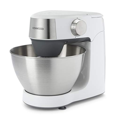 Weißer Kenwood-Küchenmixer mit Edelstahl-Schüssel. Er hat einen silbernen Deckel und ein Zifferblatt. Die Basis ist weiß.