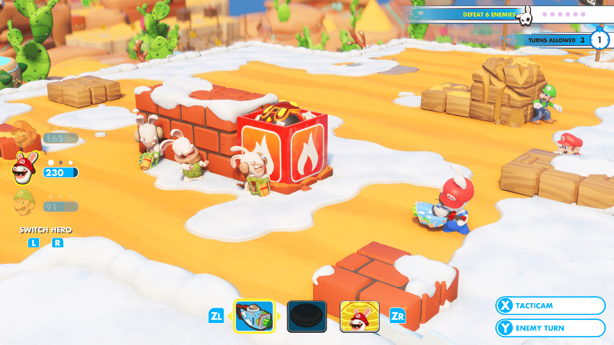 Screenshot einer Spielszene mit Zeichentrickfiguren. Die Szene ist farbenfroh und hat Textüberlagerungen.