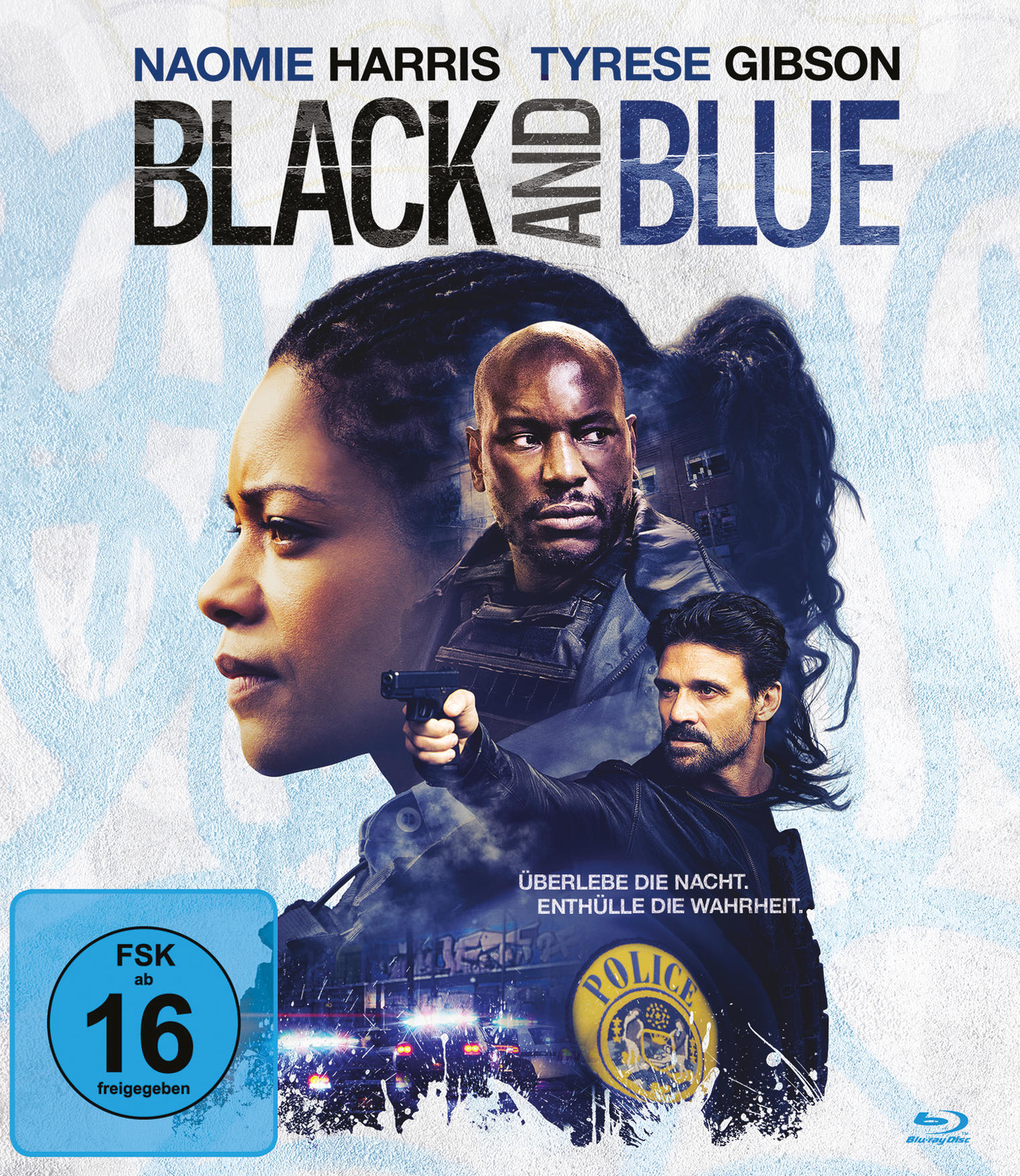 Black and Blue Filmcover mit Naomie Harris und Tyrese Gibson, Polizei-Thema.
