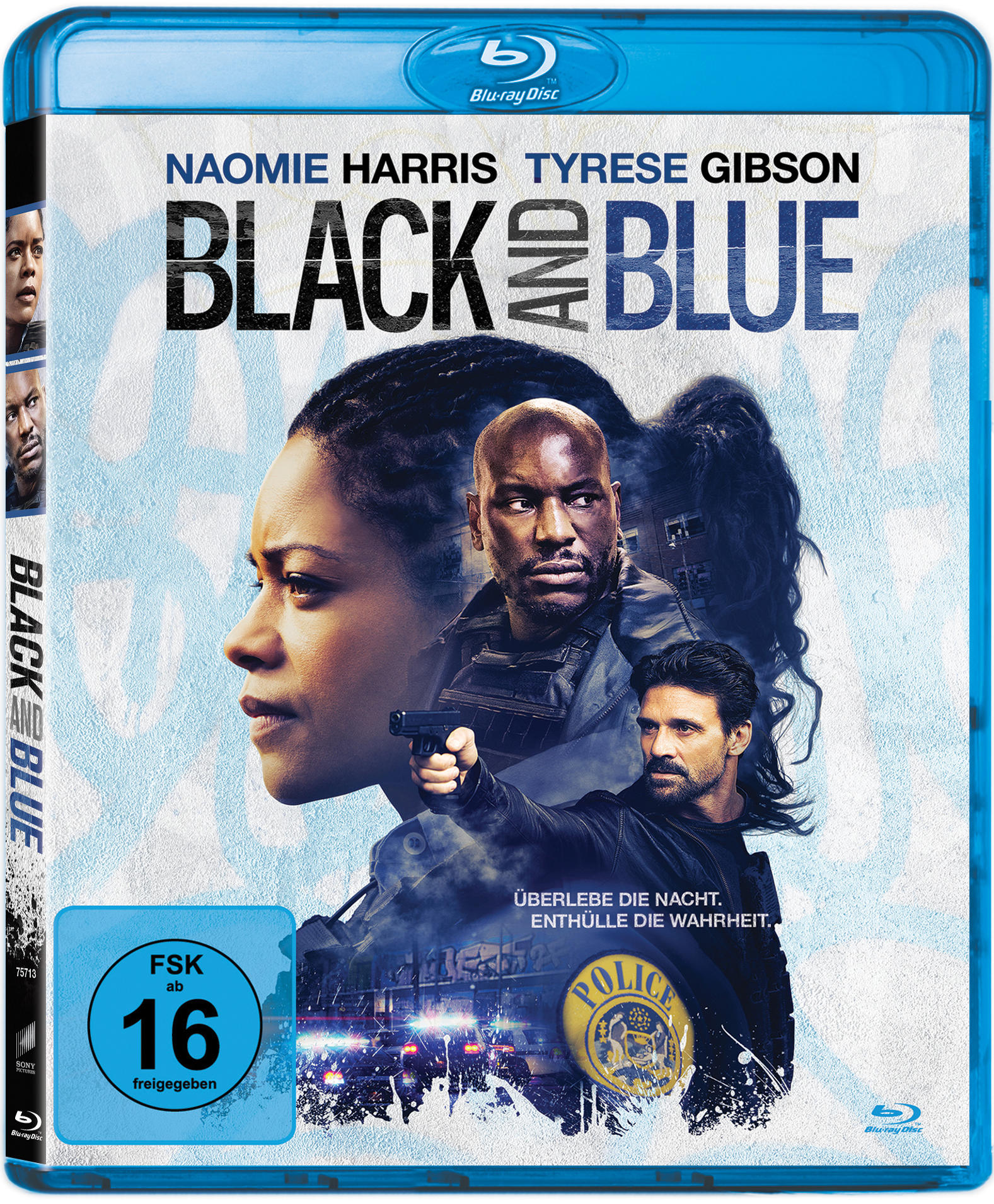 Filmcover mit Schauspielern. Frauenprofil, zwei Männer, Polizeiauto. Blaues und schwarzes Farbschema.