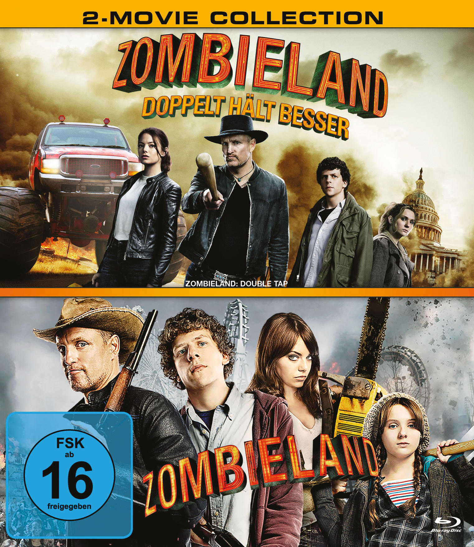 Filmcover mit mehreren Schauspielern. Der Titel lautet 'ZOMBIELAND' und 'DOPPELT HÄLT BESSER'.