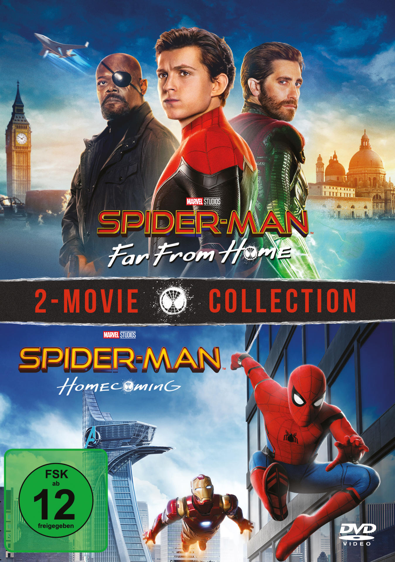 DVD-Cover für 'Spider-Man: Far From Home' und 'Homecoming', mit Charakteren und Logo.