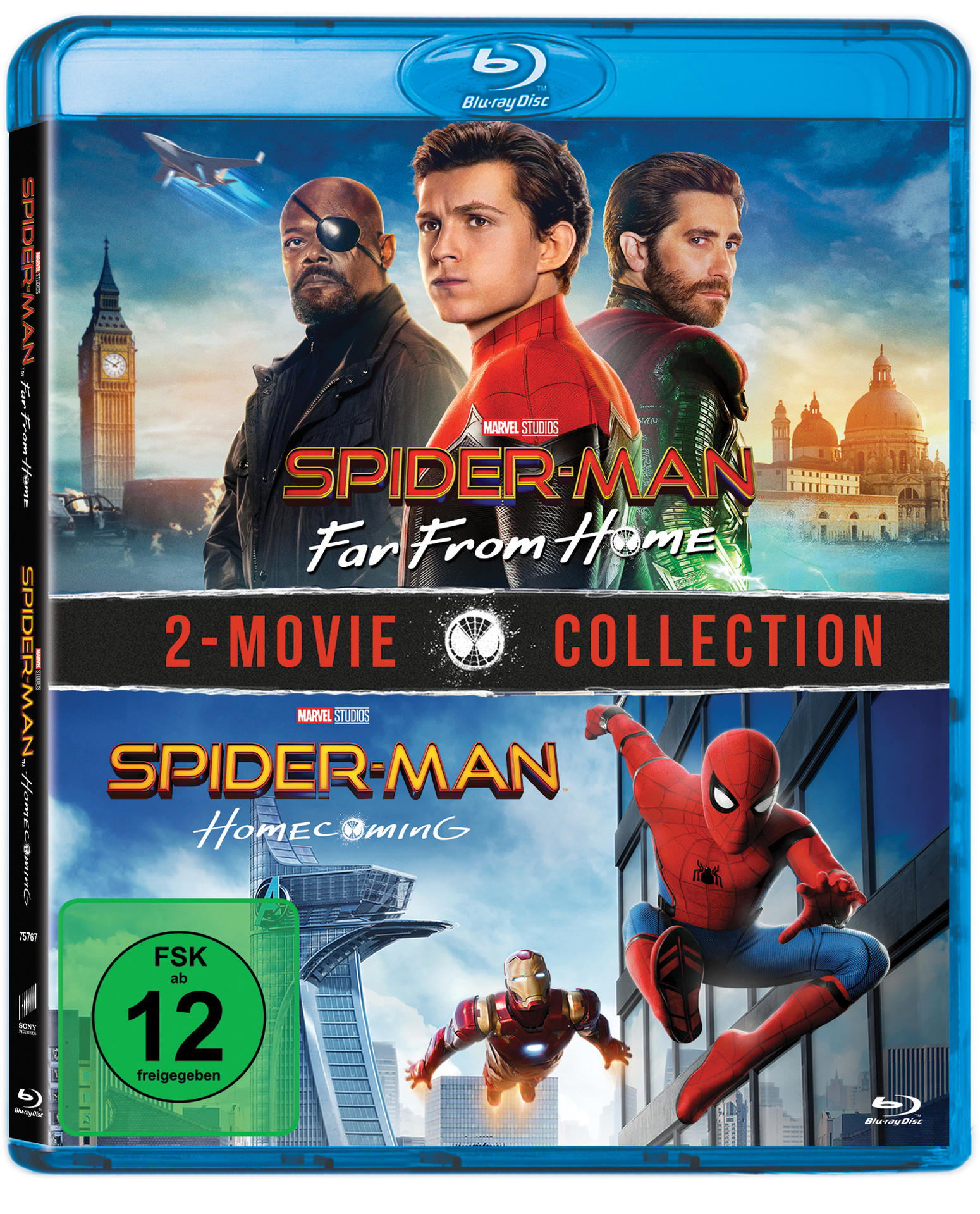 Blu-ray-Filmhülle mit dem Cover von Spider-Man: Far From Home und Homecoming.