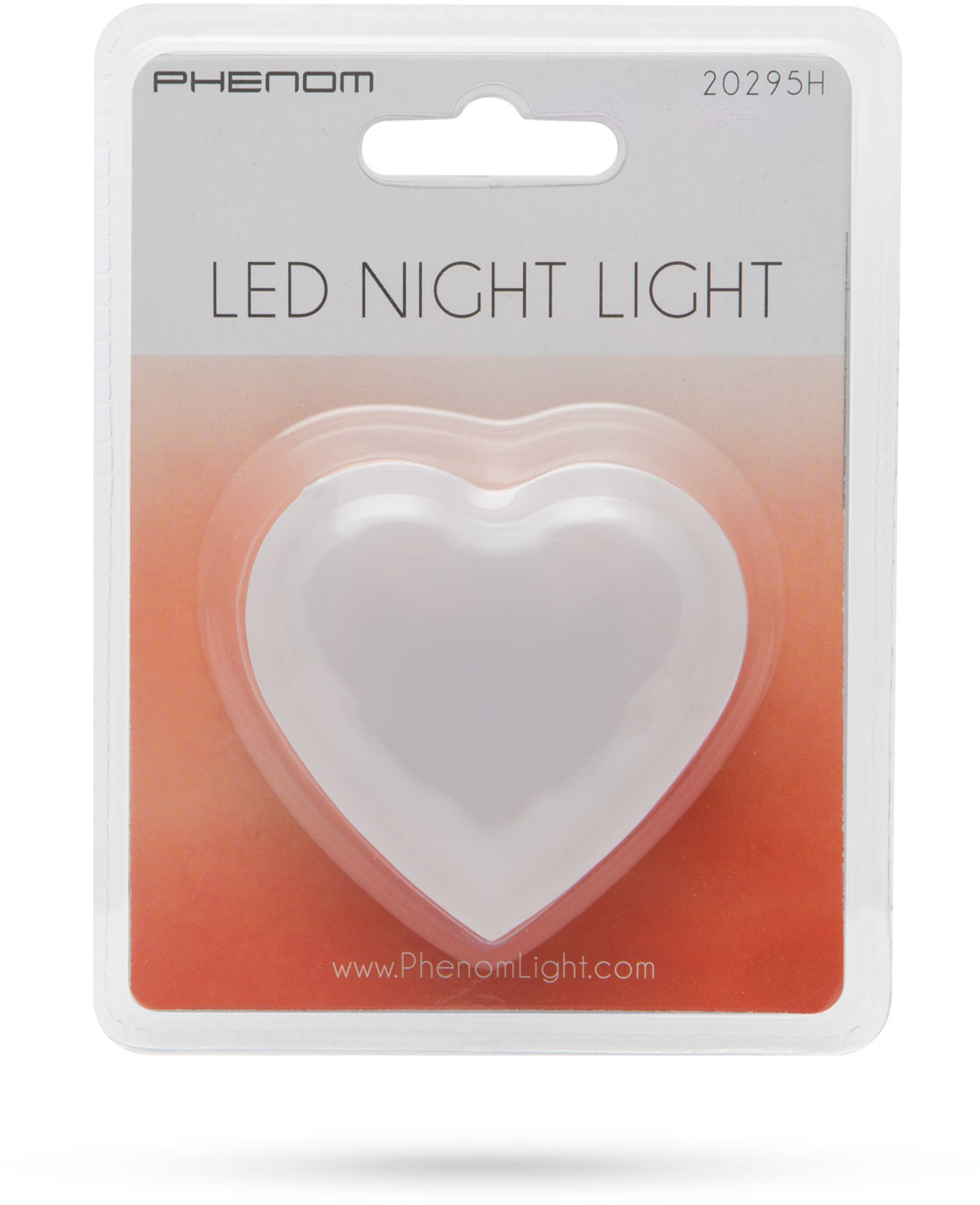Szív alakú LED-es éjszakai fény, buborékcsomagolásban. Szöveg: 'LED NIGHT LIGHT'.