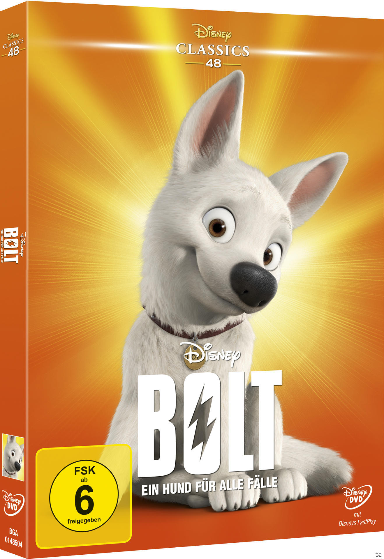 DVD-Cover des Films Bolt, ein weißer Hund mit einem Blitzsymbol auf der Brust.