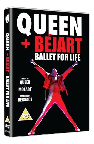 DVD-Hülle für „Queen + Béjart: Ballet for Life“. Schwarz mit weißem Text und einer roten Figur in der Mitte mit Armen.