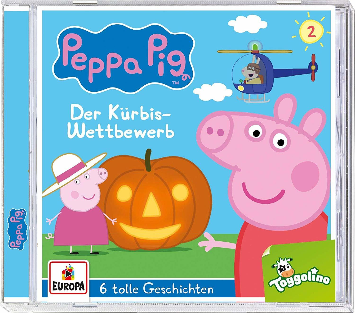 Peppa Pig DVD-Cover mit Peppa, George und einem Kürbis. Es zeigt einen Hubschrauber und Text.