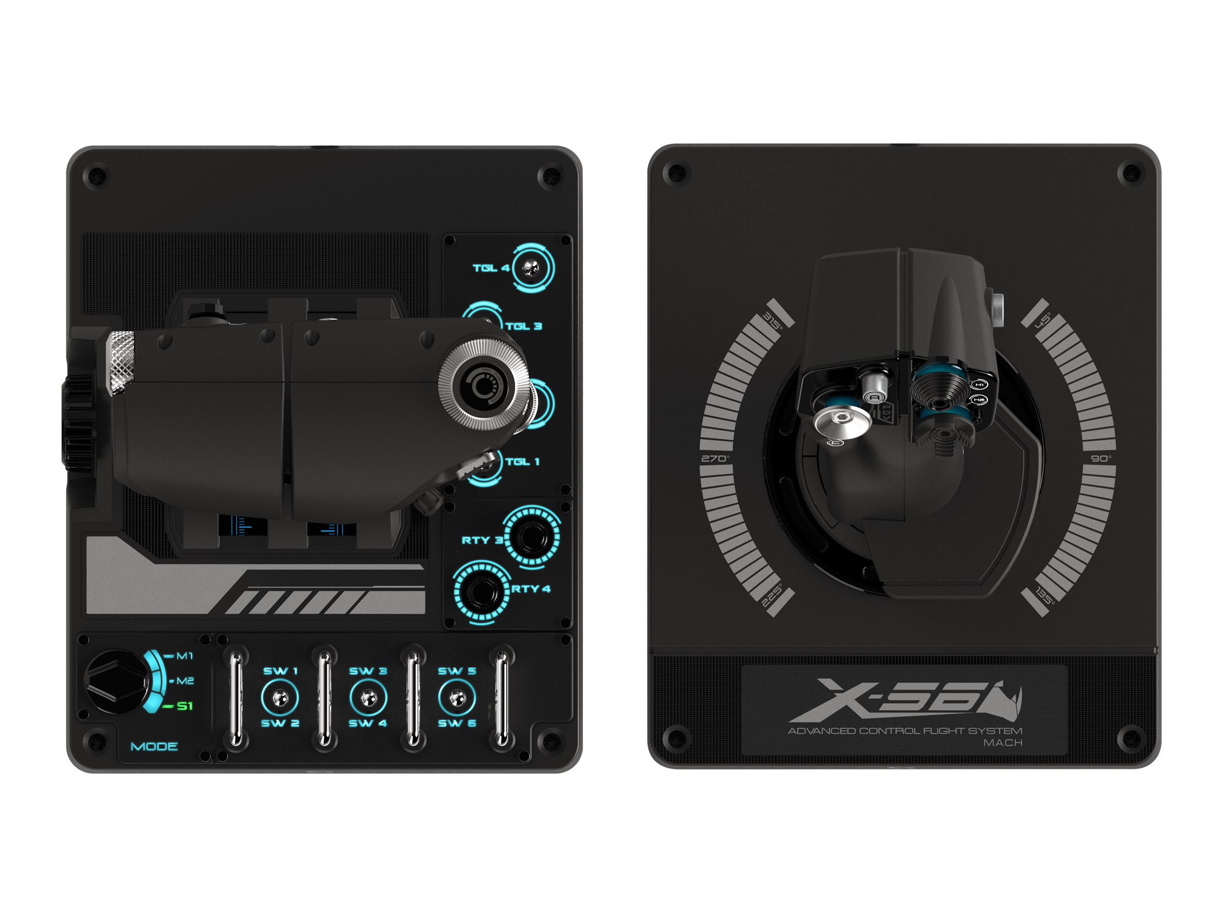 Zwei schwarze X-56 Flugsteuerungssystem-Panels mit blauen Knopflichtern.