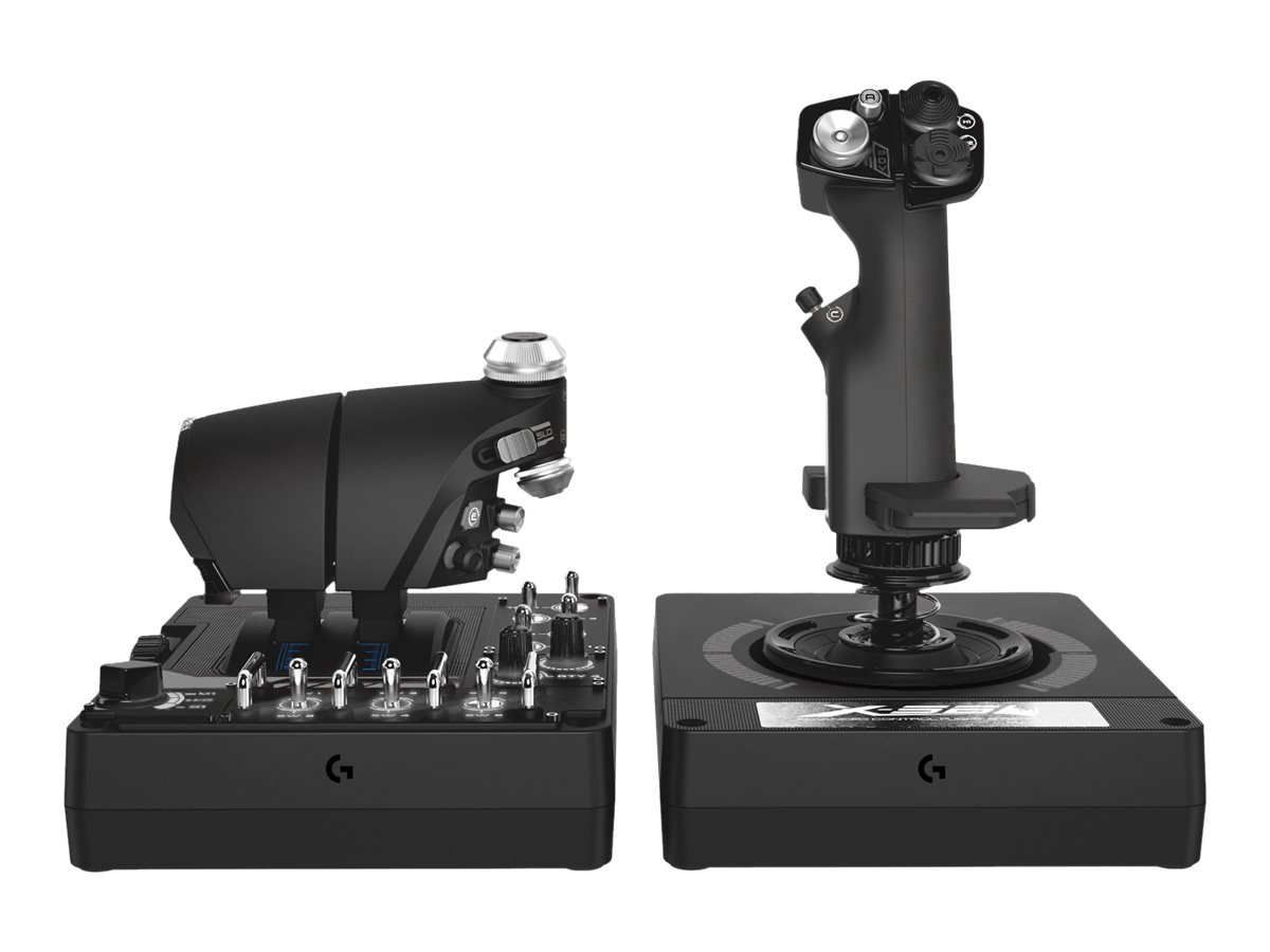 Zwei schwarze Flugsimulator-Steuergeräte. Eines mit vielen Knöpfen, das andere ein Joystick.