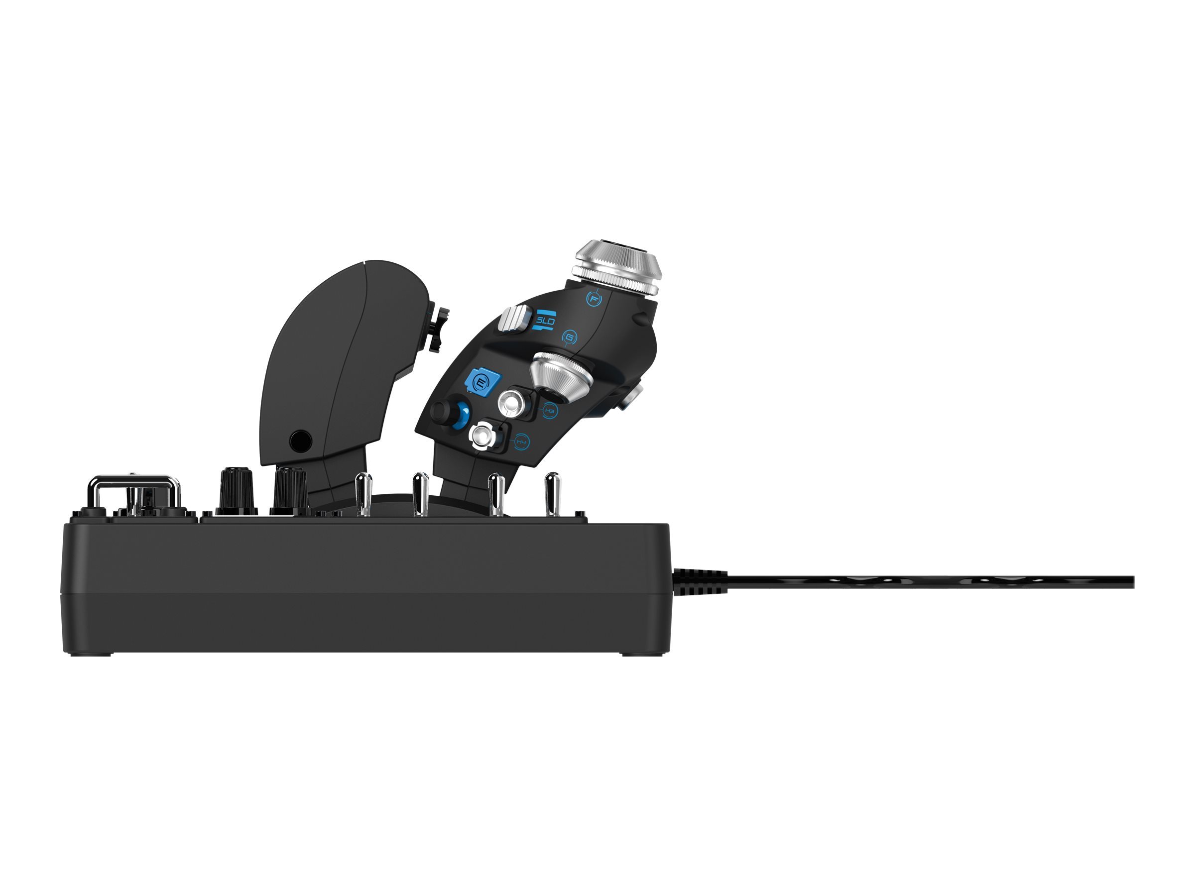 Schwarzes Flugsteuerpult mit Knöpfen und Joystick. Weißer Hintergrund.