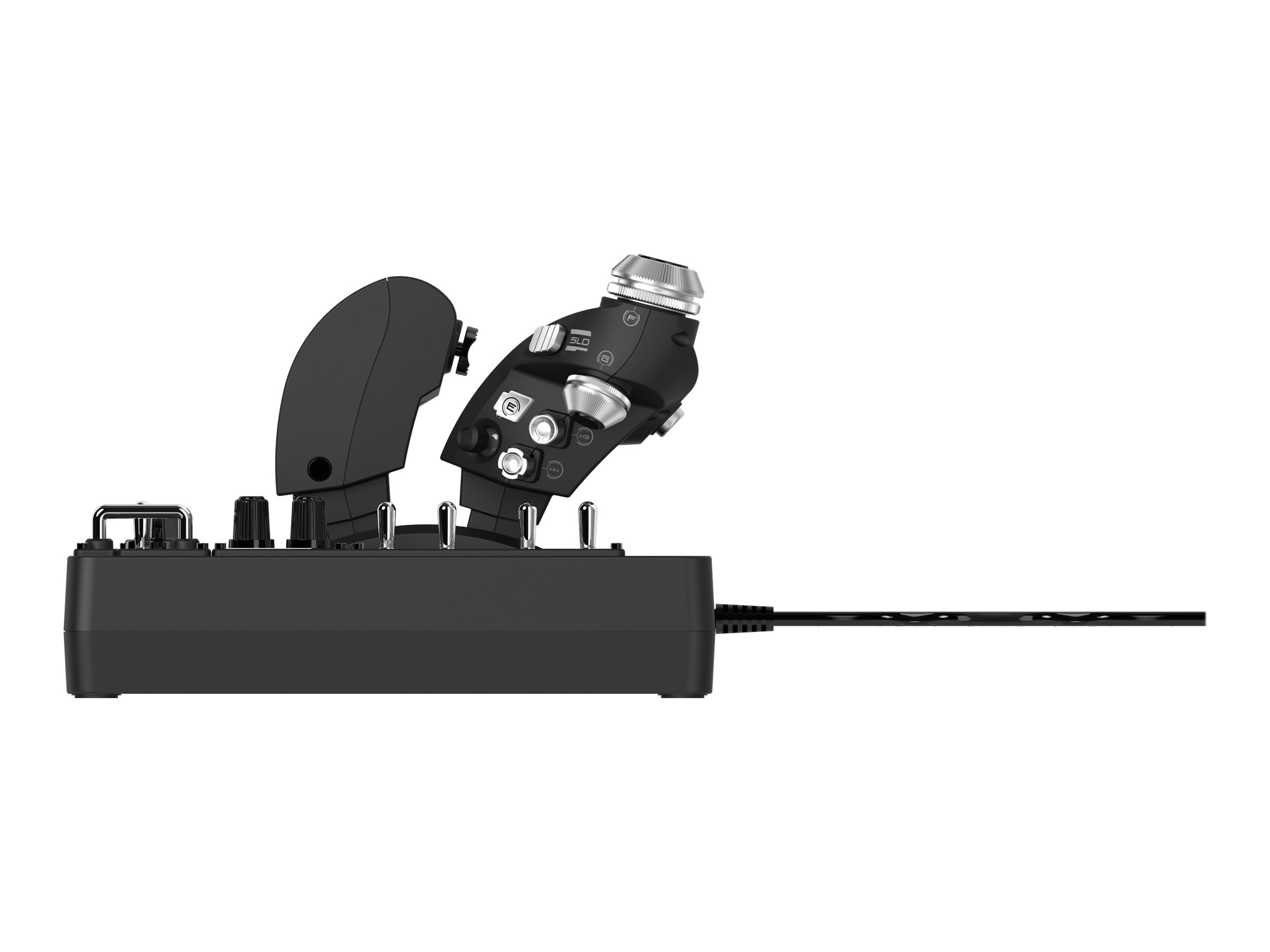 Seitenansicht eines schwarzen Flugsimulator-Joysticks mit mehreren Knöpfen und Bedienelementen.