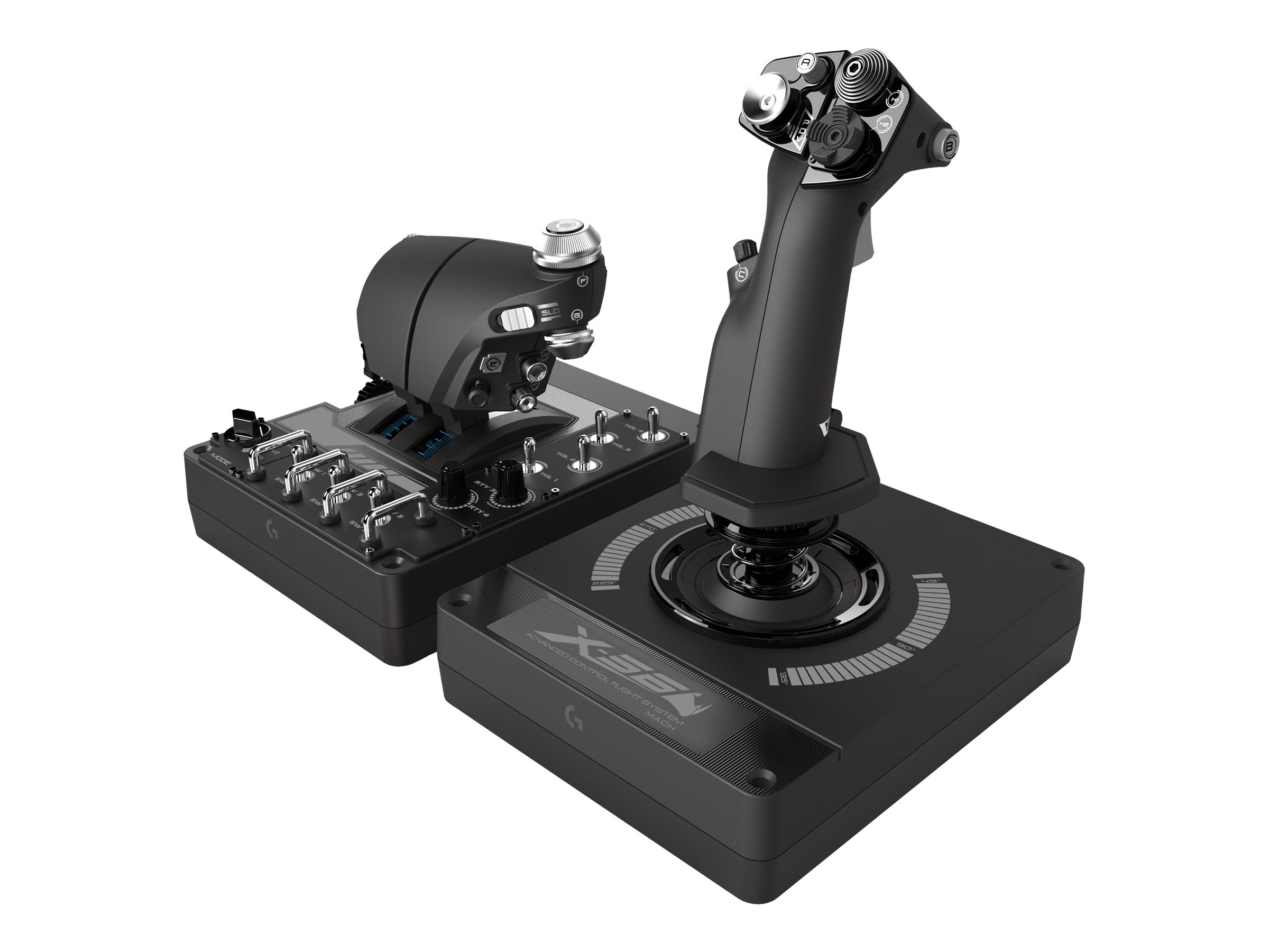 Schwarzer Flugsimulator-Joystick und -Gashebel vor weißem Hintergrund.