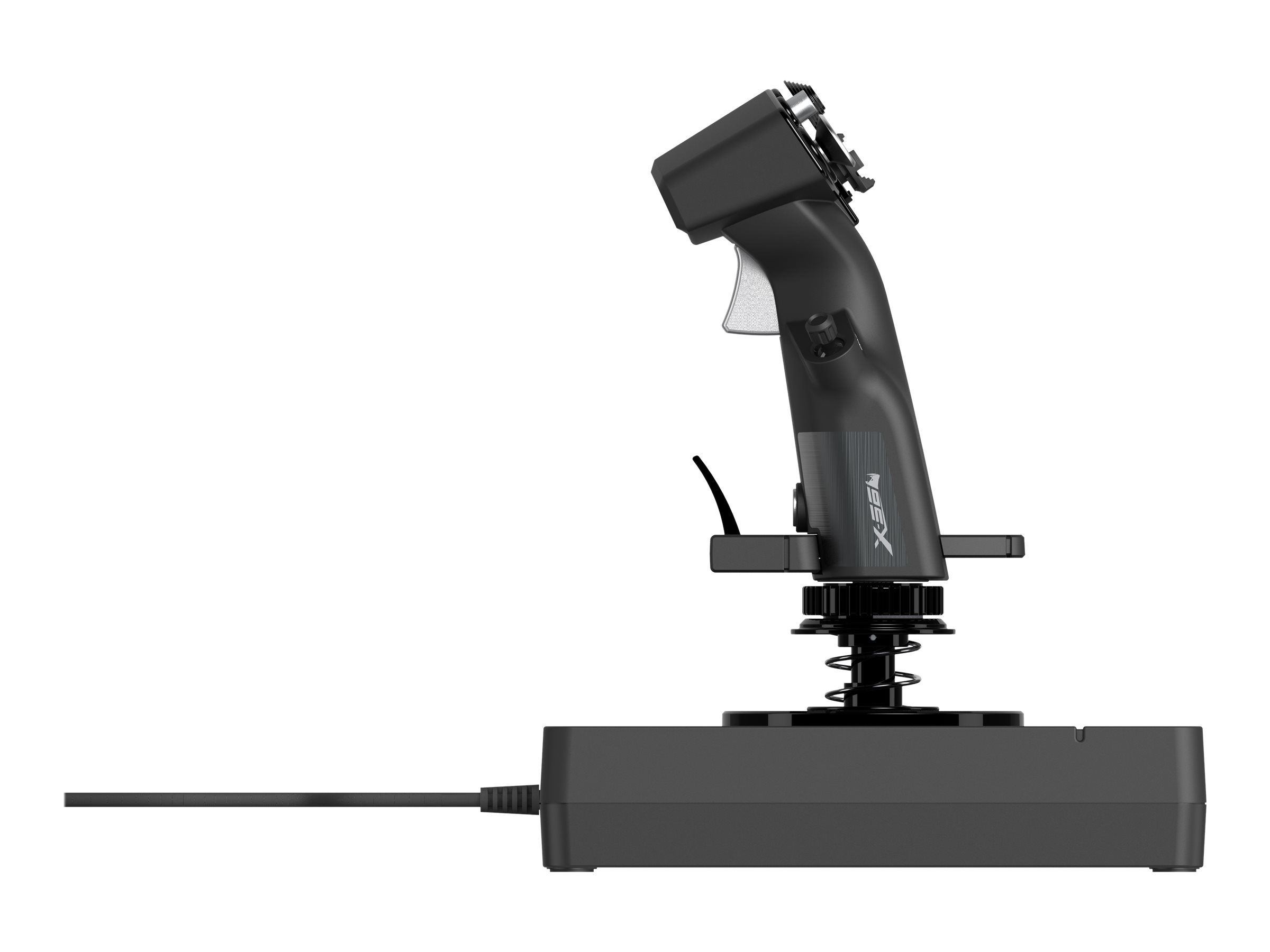 Schwarzer Joystick für Flugsimulator auf weißem Hintergrund. Basis, Feder und Griff sind sichtbar.